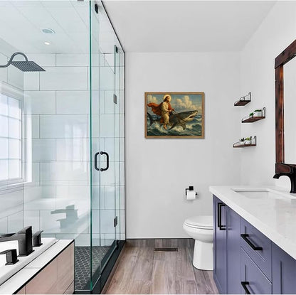 Framed Jesus Riding a Shark Wall Art, Humorous Christian Canvas Print, Fun Jesus Oil Painting, Religious Comedy Wall Decor, Christian Home Decor Gift for Living Room Bedroom Bathroom 8x10 inch