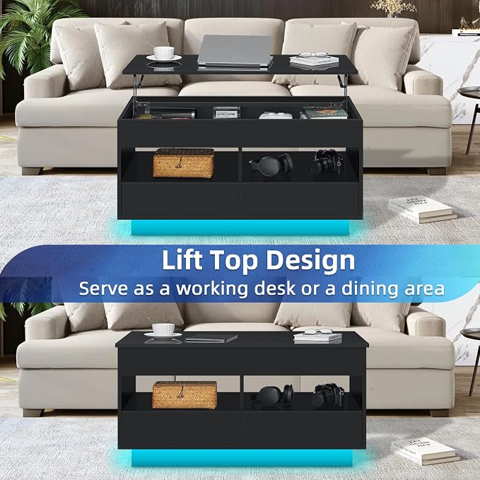 HOMMPA LED Coffee Table with Lift Top Morden Coffee Table with Storage High Gloss Black Sofa Table for Living Room Center Tables Hidden Compartment & 2 Drawers & 2 Open Shelve