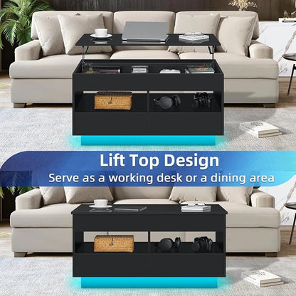 HOMMPA LED Coffee Table with Lift Top Morden Coffee Table with Storage High Gloss Black Sofa Table for Living Room Center Tables Hidden Compartment & 2 Drawers & 2 Open Shelve