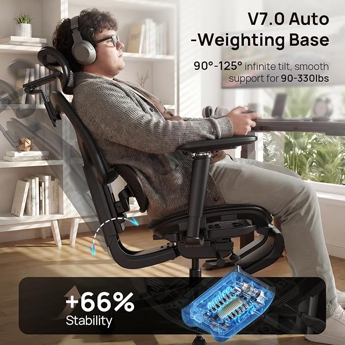 Ergonomic Office Chair with Adaptive Dual-Wing Lumbar Support - Over 10 Hours Sitting Comfortable Mesh Big and Tall Home Desk Chair, 4D Headrest, 2-Gear Footrest, 630° Armrst, Seat Depth Adjustable