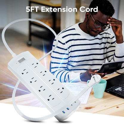 Flat Plug Power Strip, Yozisital Extension Cord with 8 AC Outlets & 4 USB Ports (2 USB-C), 5 FT Power Cord, Wall Mount, Desk Charging Station for Home Office, White