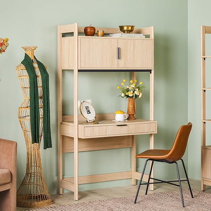 Walker Edison Modern Transitional Interior Design Reeded Desk with Hutch and Drawers, Built-in Tech, Desk with Cord Management, Storage for Small Living Spaces, 38”W x 19”D x 70”H, Coastal Oak
