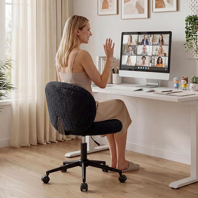 Homkdom Small Round Desk Chair, Armless Vanity Chair with Wheels, Height Adjustable & 360° Swivel, Cute Comfy Vanity Computer Chair for Bedroom, Home Office, Black