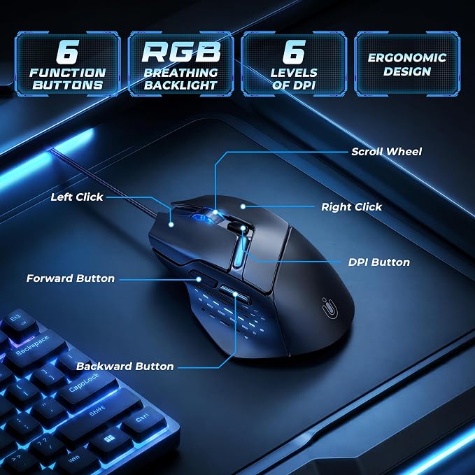 Uineer Ergonomic Wired Gaming Mouse, RGB Programmable Mouse with 6 Macro Buttons, 7200 DPI Adjustable, Silent Click USB-A Computer Mouse for PC Gamer, Windows, Mac, Laptop