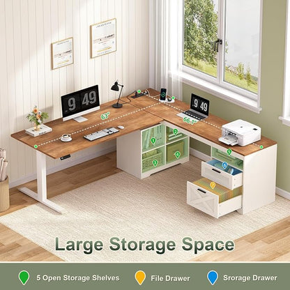 YOMILUVE Farmhouse L Shaped Standing Desk, 66 inch Corner Electric Standing Desk with Drawers ＆ Storage Shelves, Height Adjustable Computer Desk with Power Outlets for Home Office (Antique White)