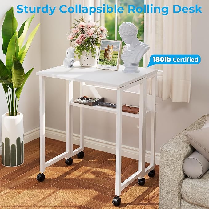 GreenForest Folding Desk with Wheels, 24.8 Inch Compact Rolling Computer Table with Storage Shelf, Portable Mobile Workstation for Small Spaces, Easy Assembly, Pure White