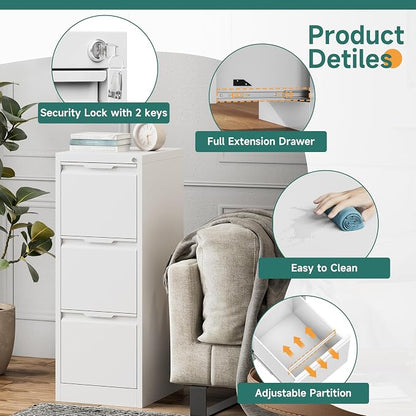 3 Drawer File Cabinet with Lock, Small Filing Cabinets for Home Office,17.8" D Metal File Cabinet for Under Desk, Vertical White File Cabinets for Legal/Letter Size File, Easy Assembly