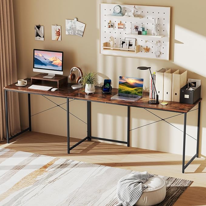 Tangkula L-Shaped Computer Desk with Power Outlets, 95” Long 2-Person Desk with Monitor Shelf, Modern Corner Desk Gaming Table with USB Ports for Home Office