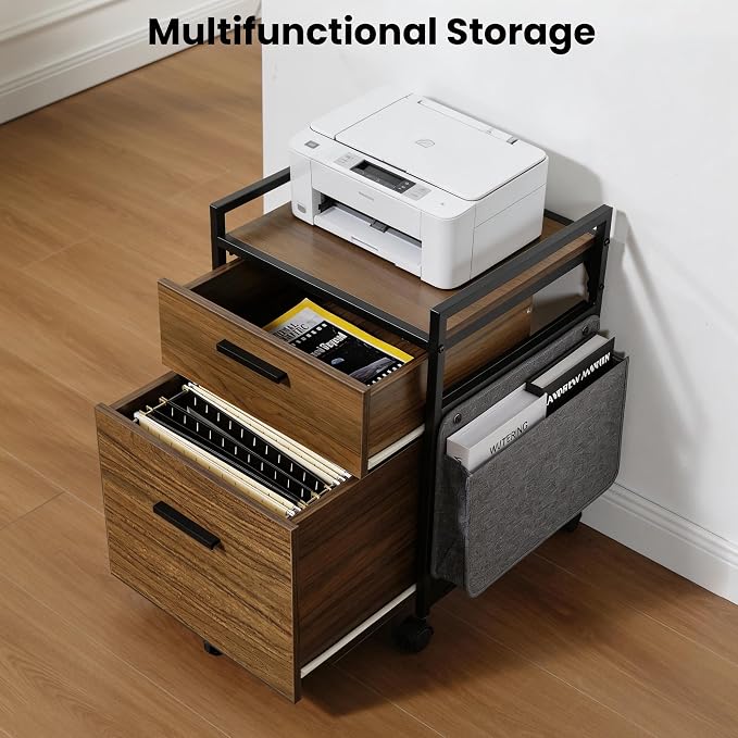 EUREKA ERGONOMIC 2 Drawer Mobile File Cabinet with Wheels, Solid Wood Rolling Storage Cabinet for Home Office, Space-Saving Under Desk Organization with Printer Stand, Walnut