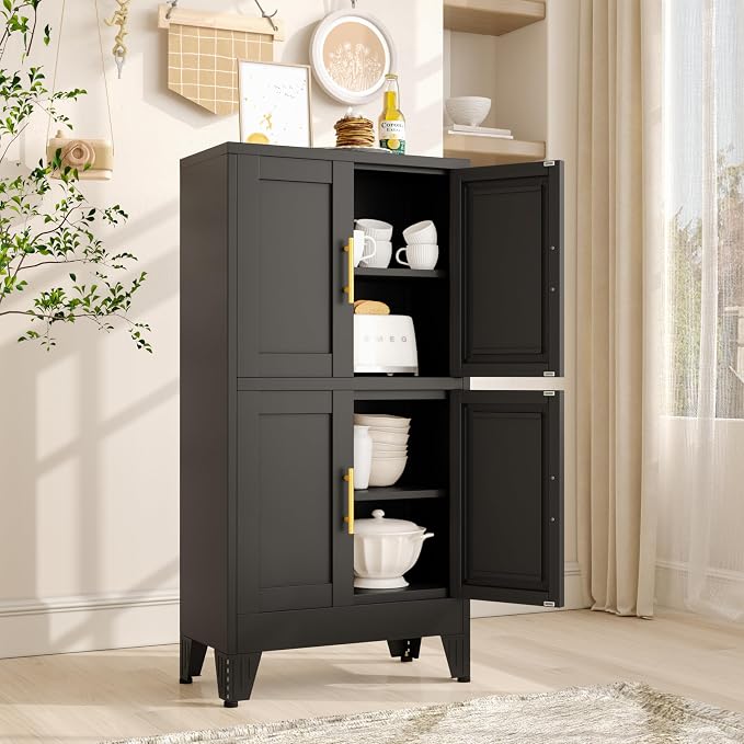 pozdeg Metal Storage Cabinet, 47.2" H Pantry Kitchen Storage Cabinets with 4 Doors and 2 Adjustable Shelves, Versatile Buffet Sideboards Cupboard for Home Office Garage or Gym (Black)