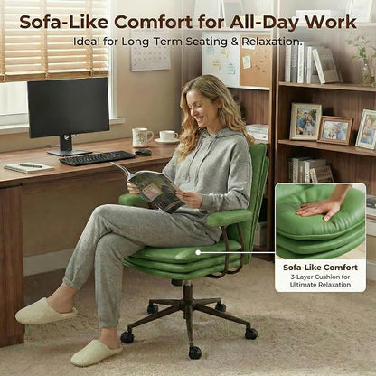 Sage Green Office Chair with Triple-Layers Thicken Wide Seat, Mid Back Leather Desk Chair with Wheels and Arms, Mid-Century Modern Computer Chair for Home Office