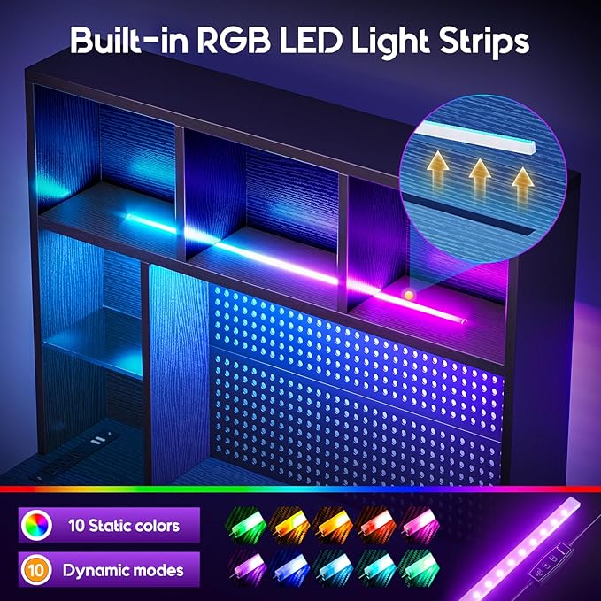 AODK 63" L Shaped Gaming Desk with Hutch, Pegboard & Shelves, L Shaped Desk with 4 Drawers, Integrated LED Light Strip & Power Outlets, Reversible PC Gaming Computer Desk, Black