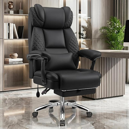 Office Desk Chair with Footrest, High Back Leather Chair Lumbar Support