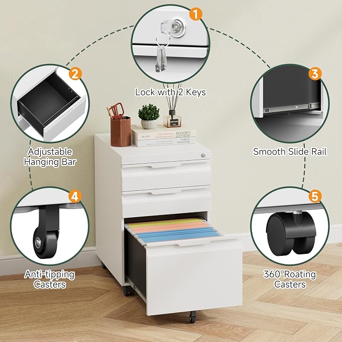 Mobile File Cabinet with Lock,3 Drawer Under Desk Metal Rolling Filing Cabinets for Home Office Organizer A4/Letter/Legal,Easy Assembly,White