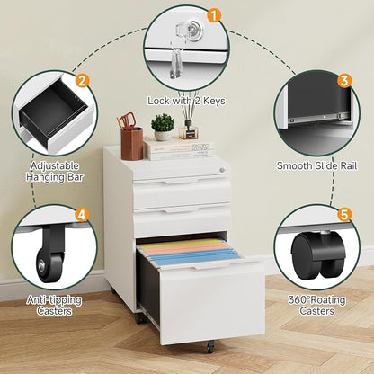 Mobile File Cabinet with Lock,3 Drawer Under Desk Metal Rolling Filing Cabinets for Home Office Organizer A4/Letter/Legal,Easy Assembly,White