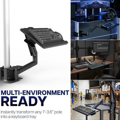VIVO Sit-Stand 24 Inch Pneumatic Universal Pole Mounted Keyboard and Mouse Tray, Full Motion, Height Adjustable Typing Platform, Ergonomic Tilt, Black, MOUNT-KB35C-P