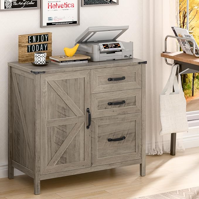Befrases File Cabinet 3 Drawers Lateral File Cabinet with Adjustable Shelf for Letter/A4 Size Hanging Files, Large Wood File Storage Cabinets Printer Stand for Home Office, Grey