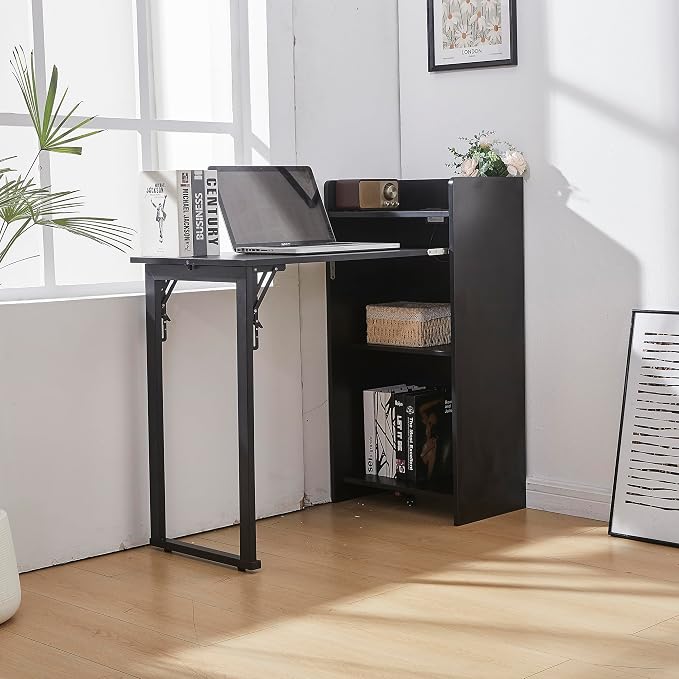 Fold Out Desk with Storage and Built-in Outlet, Mid Century Foldable Desk for Small Spaces, Hidden Folding Table for Home Office or Bedroom (Black)