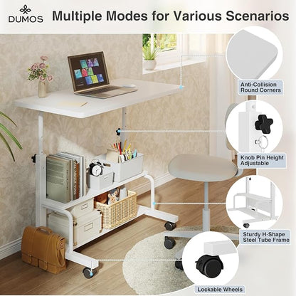 DUMOS 31.5" Mobile Rolling Desk with 2-Tier Storage Shelves, Height Adjustable Computer Desks on Wheels, Portable Rolling Laptop Table for Small Spaces & Home Office White