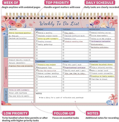 104 Pgs Weekly To Do List Notepad, 52 Duplex-Printed Undated Sheets 100 GSM（8.5"×11") Weekly Desk Planner For Work Home School Office Desk Accessories Supplies & Goal Setting Tasks -Pink Floral