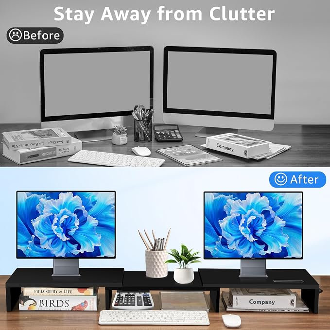 La Jaco Dual Monitor Stand Riser for 2 Monitors, Monitor Stand for Desk, Adjustable Length & Swivel Angle Wooden Desktop Organizer Stand Riser with Smartphone Holder for PC Monitor Laptop, Black