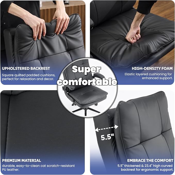 VINGLI Comfy Black Leather Office Desk Chair,Ergonomic High-Back Support Computer Gaming Chair with/No Wheels,Dual-Base,Adjustable Height,Flip-Up Arms,360° Swivel Rolling Task Chair for Home Office