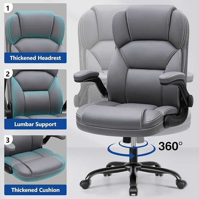 PU Leather Office Chair, Ergonomic High-Back Desk Computer & Gaming Chair with Adjustable Height, Rolling Swivel & Flip-Up Armrests, Comfy Padded Seat for Home Office-Gray