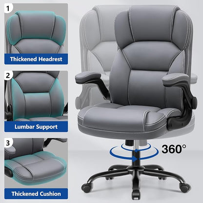 PU Leather Office Chair, Ergonomic High-Back Desk Computer & Gaming Chair with Adjustable Height, Rolling Swivel & Flip-Up Armrests, Comfy Padded Seat for Home Office-Gray