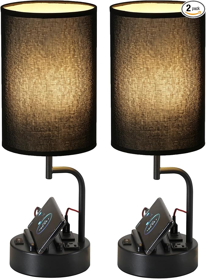 Dreamholder Table Lamp with 3 USB Charging Ports, Modern Desk Lamp with AC Outlet and Phone Stands, Perfect Bedside Lamp for Bedroom, Living Room, Office (Pack of 2), Black