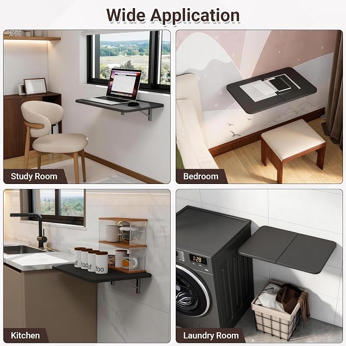Neoaider Wall Mounted Folding Desk 23.6” x 15.7”, Drop Down Table with Metal Collapsible Brackets, Folding Wall Table for Small Spaces, Home, Office, Kitchen, Laundry Room-Black