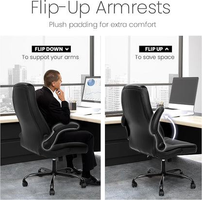 NEO Chair Ergonomic Office Chair Executive Computer Desk Chair Gaming High Back Support Comfy Seat Flip-up Arms Adjustable Height Swivel Rolling Wheels PU Leather for Home (Dark Black)