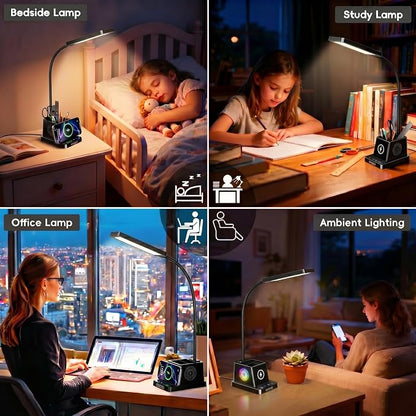 cozoo LED Desk Lamp for Home Office, Desk Light with 15W Wireless Charger Pen Holder, 12 Lighting Modes Desk Lamp for Bedroom, Small Table Lamp for College Dorm, Study, Craft, Nail, Black