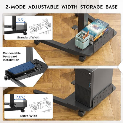 BONTEC Mobile Standing Desk Adjustable Height, Rolling Laptop Cart with Storage Shelf, Hooks, Portable Workstation with Pneumatic Lift, Ergonomic Compact Home Office Desk, Black 23.6" x 20.5"