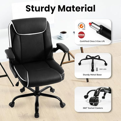 NEO Chair Mid-Back Home Office Executive Desk Chair Computer Gaming Ergonomic Chair with Adjustable Padded Flip-Up Armrests Wheels Swivel for Task Study (Leather Black)