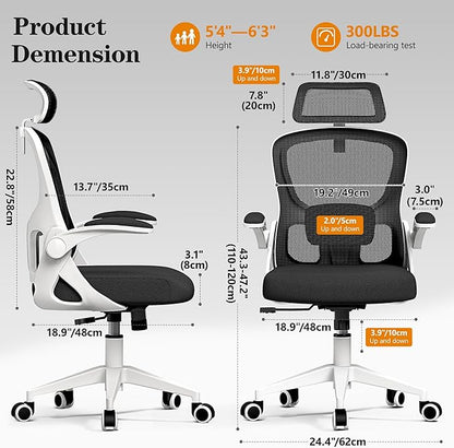 Ergonomic Office Chair, High Back Desk Chair with Flip-up Arms, 300 LBS Mesh Computer Chair with Adjustable Headrest & Lumbar Support, Comfy Gaming Chair for Adults, Home Office Desk Chairs (White)