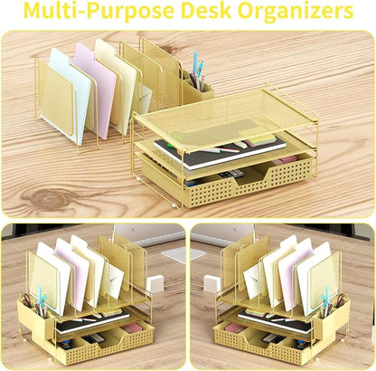LEKETREE Gold Desk Organizer, Office Organization with Vertical File Holder, File Organizer with Drawer and Pen Holder, Desk Accessories and Workspace Organizers for Home Office (Gold)