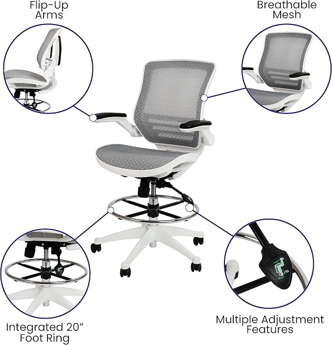 Flash Furniture Waylon Mid-Back Swivel Office Chair with Adjustable Foot Ring and Seat Height, Ergonomic Mesh Chair with Armrests, Gray/White
