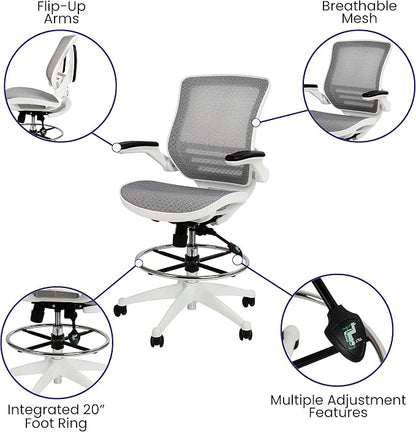 Flash Furniture Waylon Mid-Back Swivel Office Chair with Adjustable Foot Ring and Seat Height, Ergonomic Mesh Chair with Armrests, Gray/White