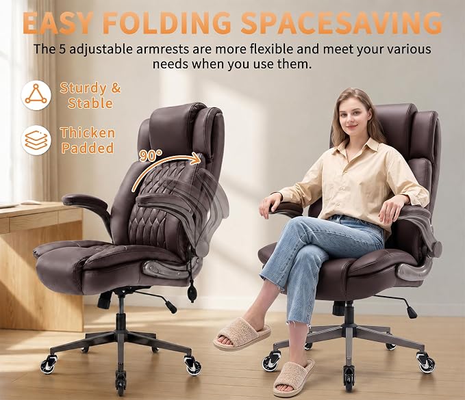 Large High Back Office Chair - Adjustable Lumbar Support Flip Up Arms Heavy Duty Quiet Wheels Metal Base Breathable Bonded Leather Ergonomic Executive Computer Desk Chair with Storage Bags, Brown