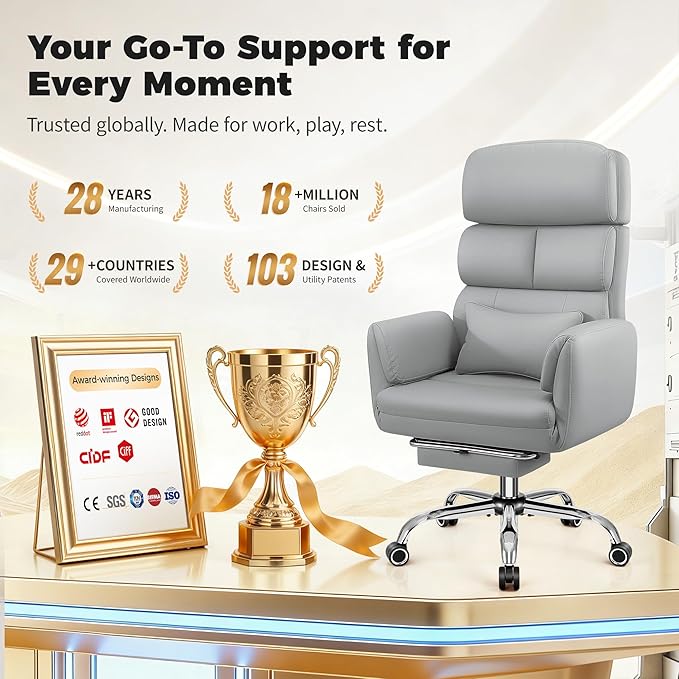 Big and Tall Office Chair 500LBS, Ergonomic High Back Leather Executive Chair, Reclining Swivel with Adjustable Armrests Lumbar Support Footrest, Cross Legged, Light Gray