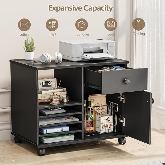 Quikraen Wooden Rolling File Cabinet Black | Mobile Lateral Office Filing Cabinets with Doors Under Desk Cabinet for Office Supplies