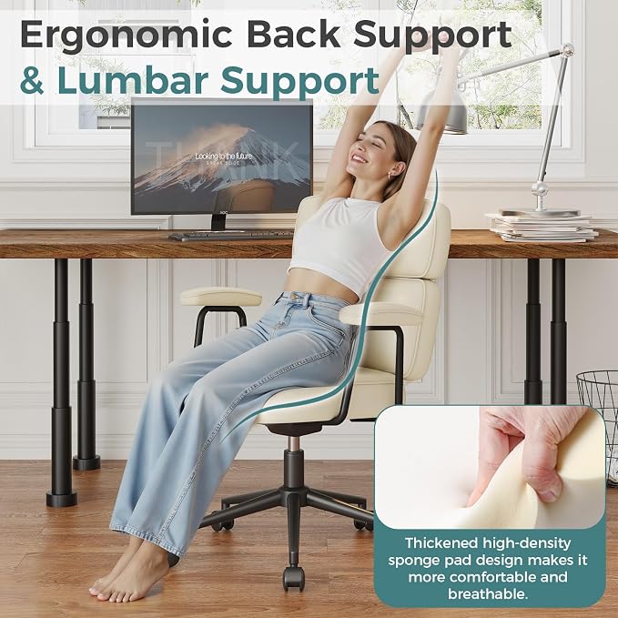 OLIXIS Ergonomic Home Office Desk Chair, PU Leather Computer Chair with Lumbar Support Adjustable Height Rolling Swivel Executive Task Armrests, Off-White
