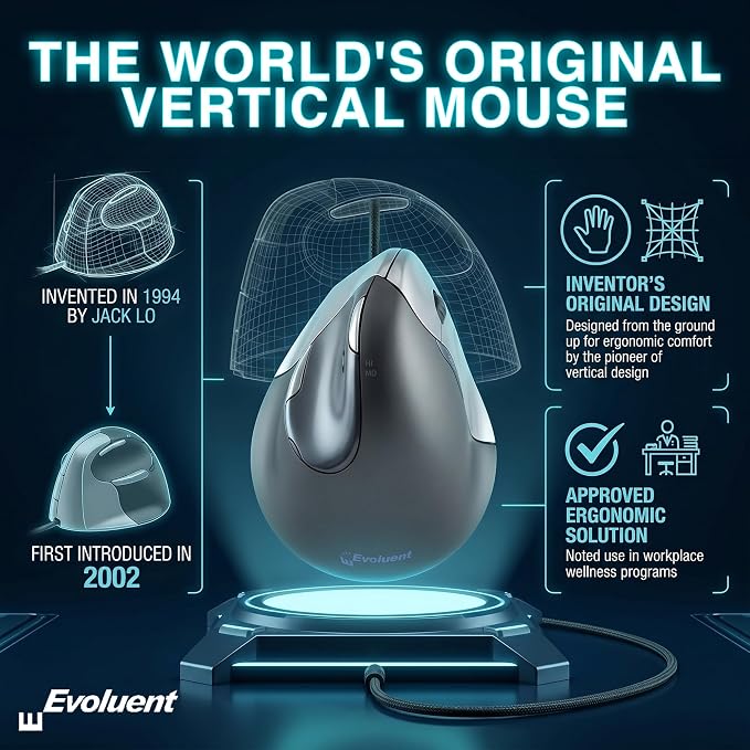 Evoluent – World's Original Vertical Mouse, Wired Ergonomic Mouse for Right Hand, Medium to Large, Helps with Carpal Tunnel and Wrist Strain, Customizable 6 Buttons, 4 Speed Settings, Comfortable Grip
