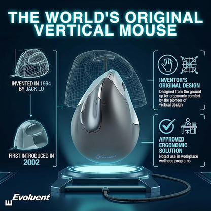 Evoluent – World's Original Vertical Mouse, Wired Ergonomic Mouse for Right Hand, Medium to Large, Helps with Carpal Tunnel and Wrist Strain, Customizable 6 Buttons, 4 Speed Settings, Comfortable Grip