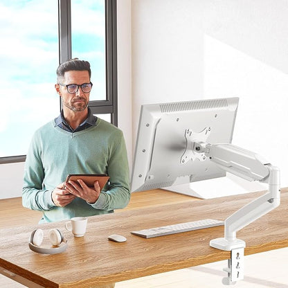 MOUNT PRO Single Monitor Desk Mount - Articulating Gas Spring Arm, Removable VESA Mount for Computer Monitor Stand with Clamp and Grommet Base Fits 13 to 32 Inch Screen, VESA 75x75, 100x100, White