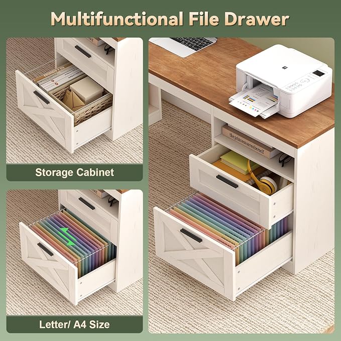 YOMILUVE Farmhouse L Shaped Standing Desk, 66 inch Corner Electric Standing Desk with Drawers ＆ Storage Shelves, Height Adjustable Computer Desk with Power Outlets for Home Office (Antique White)