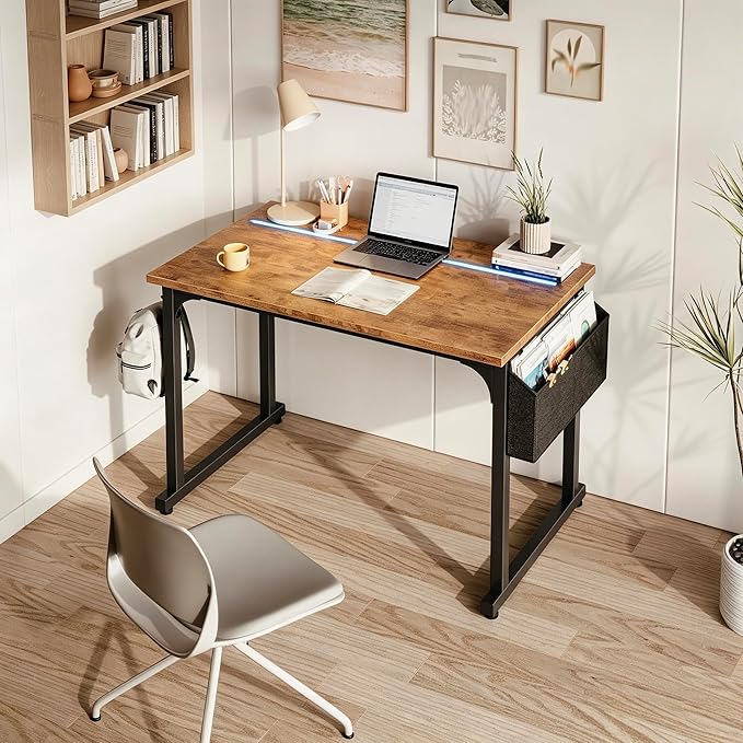 DurayLoly 40" Computer Desk with Waterproof LED Lights,Bedroom Study Desk for Teens,Dorm Room Essentials,Headphone Hook&Storage Bag for Small Spaces,Sturdy Metal Frame,Rustic Brown