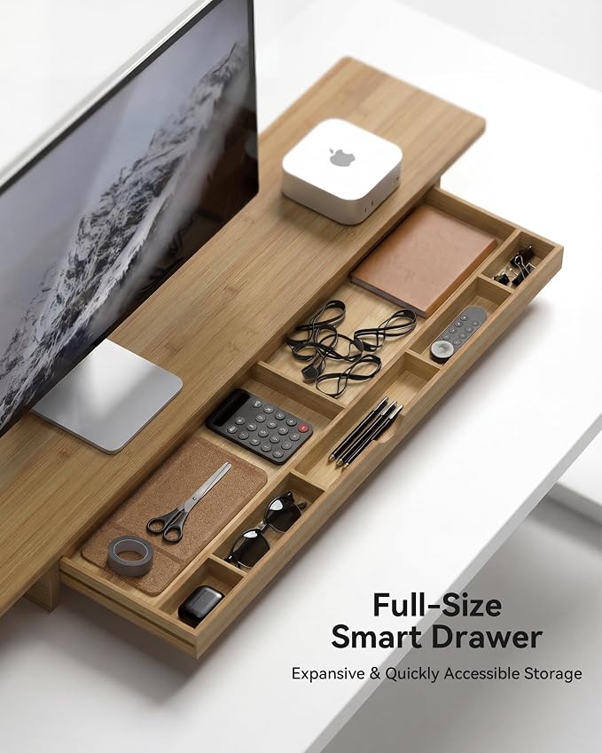 42” Dual Monitor Stand Riser with Large Drawer Keyboard Storage | Double Computer Monitor Riser Shelf for 55-72 Inch Desk Aesthetic Workplace Setup Desktop Organizer Toasted Bamboo