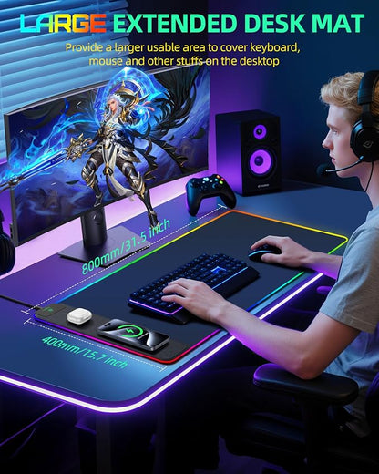 Upgraded Mouse Pad with Wireless Charging, RGB Gaming Desk Mat, 31.5"x15.7" Large XXL Desk Pad, 15 Light Modes, Ultra-Smooth Surface, Non-Slip Mouse Mat, Waterproof Computer Keyboard Pad, Black
