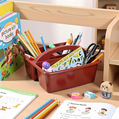 Kathfly 12 Pack Classroom Caddy Organizer with Handle, Plastic Art Craft Cleaning Caddy Bulk, Small Multipurpose Supply Organization Storage Basket for Table Desk Office Pencil Teacher (Deep Color)